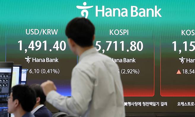 17일 서울 중구 하나은행 딜링룸 전광판에 지수가 표시되고 있다. 뉴시스