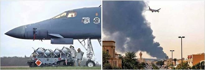 미국의 이란 공습을 위해 영국이 사용을 허가한 글로스터셔주 페어퍼드 공군기지에서 16일(현지시간) 미 공군 요원들이 B-1 폭격기 아래에서 탄약을 살펴보고 있다(왼쪽). 오른쪽 사진은 이날 드론 공격으로 아랍에미리트(UAE) 두바이 국제공항 인근 연료 탱크에서 불이 나 공항 일대에서 연기가 치솟는 가운데 에미레이트항공 항공기가 착륙을 시도하는 모습. 페어퍼드·두바이 로이터·AFP 연합뉴스