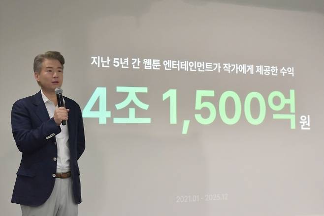 김용수 웹툰 엔터테인먼트 프레지던트가 17일 서울 역삼동 네이버스퀘어에서 기자간담회를 하고 있다. 네이버웹툰 제공