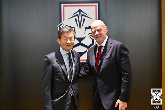 잔니 인판티노 국제축구연맹 회장(오른쪽)과 정몽규 대한축구협회 회장. 사진 제공=대한축구협회