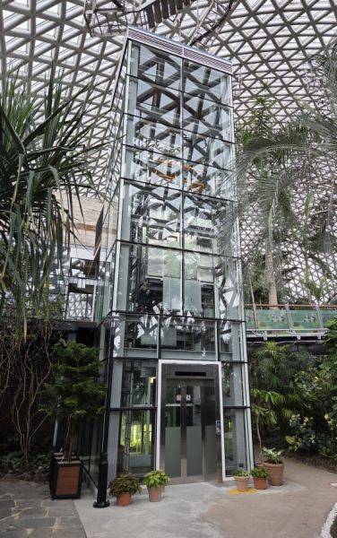 거제식물원 내 정글돔에 설치된 높이 12m의 전망형 승강기 모습. 사진=거제시