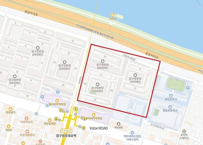 압구정 6구역(한양 5차·7차·8차).&nbsp; 압구정로데오역 초역세권에 갤러리아백화점, 청담초, 청담중, 청담고와 접하고 있다. (사진=네이버 지도)