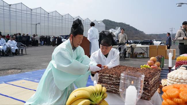 17일 경북 봉화군 봉성면 창평리 일대 임대형 스마트팜에서 열린 '풍년기원제'에 박현국 봉화군수가 초헌관으로 술잔을 올리고 있다. /봉화군