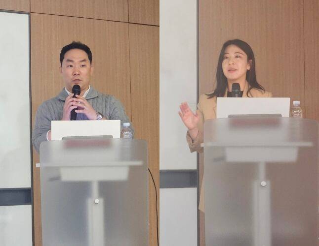 18일 서울 강남구 야놀자 본사에서 윤민욱(왼쪽) 놀유니버스 해외 T&A 소싱영업 리더, 황선영(오른쪽) 해외 T&A 사업 리더가 발표하고 있다. /정재훤 기자