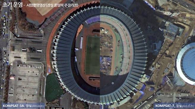 잠실 올림픽 경기장, 다목적3A호(좌)와 다목적7호 시험촬영영상(우) 비교 /사진=우주항공청 제공