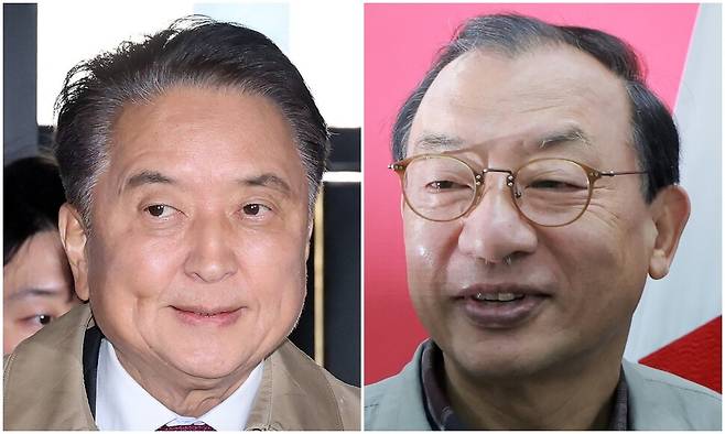 김영환 충북도지사(왼쪽)가 17일 서울 영등포구 국민의힘 당사에 항의 방문하고 있다. 오른쪽은 이정현 국민의힘 공천관리위원장이 지난 16일 당사에서 충북도지사 후보 공천 심사 결과를 발표할 때의 모습. 연합뉴스