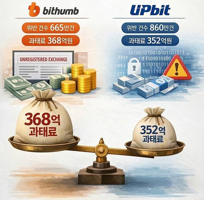 빗썸·두나무 특금법 위반 건수 및 과태료 제재 비교. [사진=챗GPT, 제미나이]