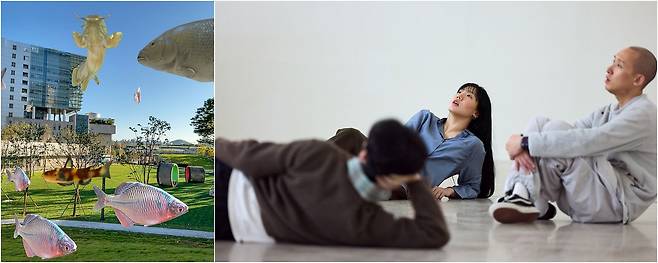 신지선 작가는 증강현실을 활용한 미디어아트를 선보였다. 작품명은 '서서울피디아 안양천', 2026년작. 오른쪽은 황수현 작가의 퍼포먼스 작업 '세계'의 장면. 사진 이지영