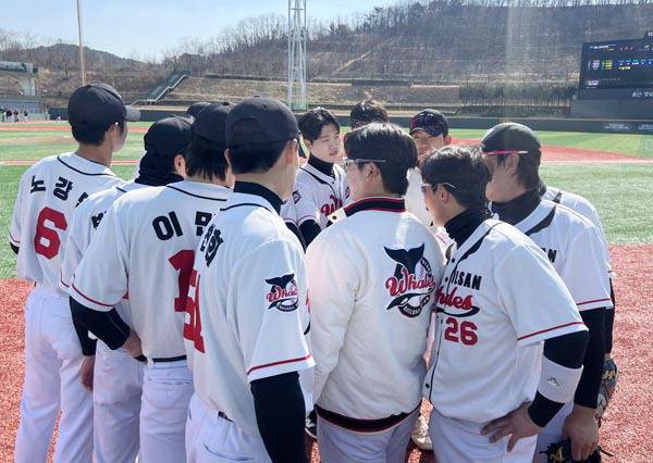 울산 웨일즈 선수단이 지난 8일 문수야구장에서 연습 경기를 앞두고 결의를 다지고 있다.   구단 제공