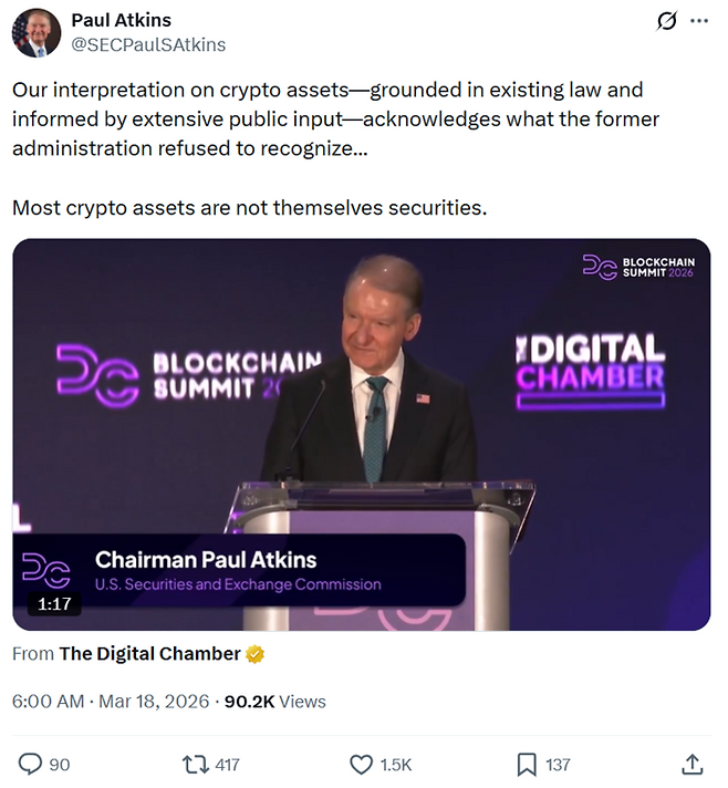 폴 앳킨스 미국 증권거래위원회(SEC) 위원장이 18일 자신의 엑스(X) 계정에 “대부분의 가상자산은 그 자체로 증권이 아니다”라며 전임 행정부의 규제 기조를 비판하는 글과 연설 영상을 게재했다. [출처=폴 앳킨스 X]