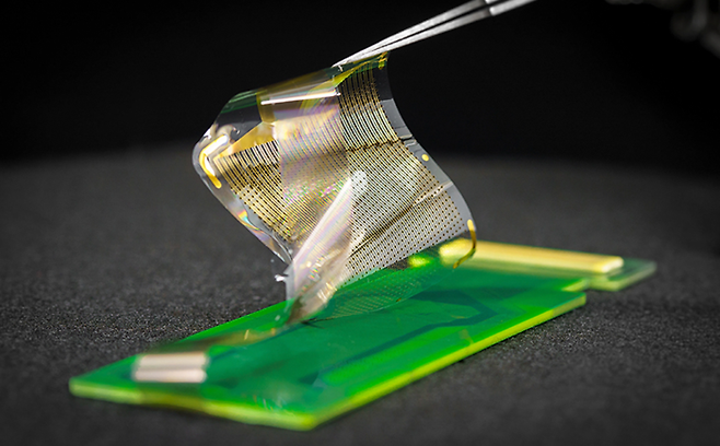 미국 샌디에이고 캘리포니아대에서 개발한 유연한 뇌신호 측정 전극의 모습 . [사진=미국 샌디에이고 캘리포니아대]