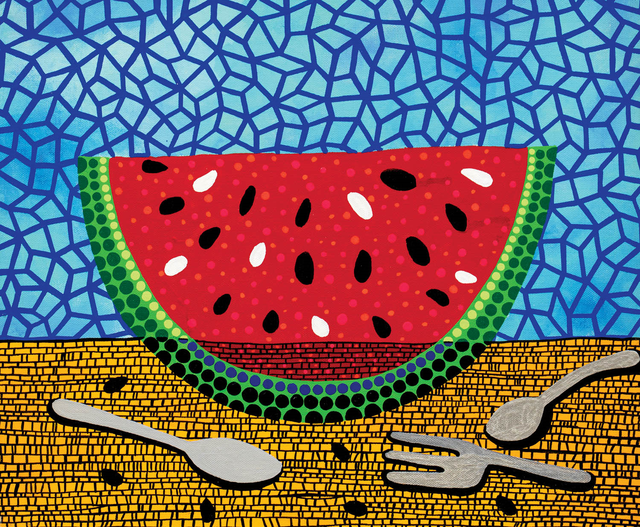 야요이 쿠사마의 ‘수박과 포크’, 캔버스에 아크릴, 37.5×45cm , 1989.