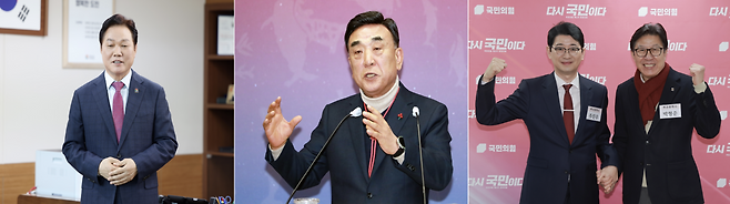 6·3 지방선거 부·울·경 시·도지사 대진표가 윤곽을 드러내고 있다. 사진은 왼쪽부터 경남 박완수 지사, 울산 김두겸 시장, 부산 주진우 의원과 박형준 시장