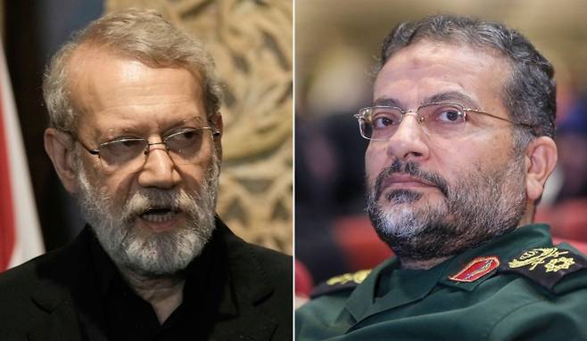 알리 라리자니 이란 최고국가안보회의(SNSC) 사무총장(왼쪽)과 골람레자 솔레이마니 바시즈 민병대 사령관. 이스라엘은 2026년 3월 테헤란 공습을 통해 두 핵심 인물을 제거했다고 밝혔다. AP·AFP 연합뉴스