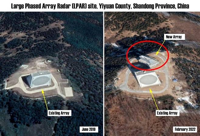 지난 202년 2월 촬영된 위성 사진 모습. 중국 동부 산둥성에서 기존 조기 경보 센서에 추가된 새로운 레이더 패널이 확인됐다. 사진 제공=맥사 테크놀로지