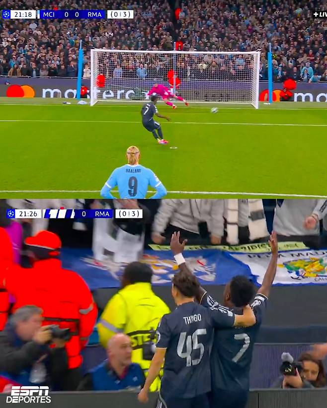 2025-2026시즌 유럽축구연맹(UEFA) 챔피언스리그 16강 2차전 레알 마드리드의 비니시우스가 맨체스터 시티 상대로 득점을 만든 후 기뻐하고 있다. ESPN