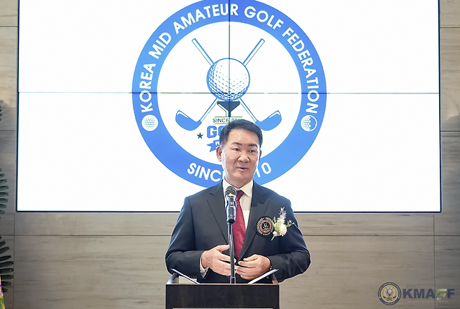 한국미드아마추어골프연맹 정환 회장이 17일 취임사를 밝히고 있다. 한국미드아마추어골프연맹 제공