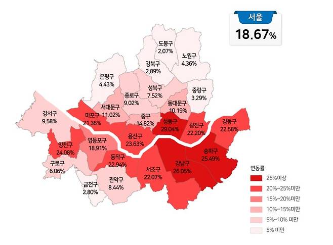 서울 각 자치구별 공시가격 변동율. [자료 | 국토교통부]