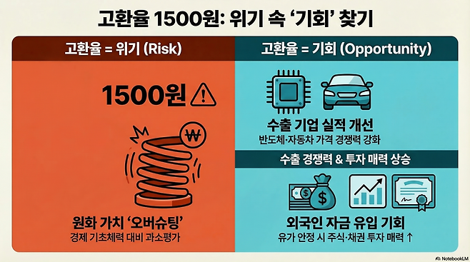 원·달러 환율이 1500원을 밑도는 고환율 상황이 지속되자 금융시장의 긴장감이 고조되고 있으나, 고환율 현상이 단기에 그칠 경우 수출 경기 회복과 기업 실적 개선 등 긍정적 효과를 기대할 수 있다는 분석이 나왔다.(구글 노트북 LM)