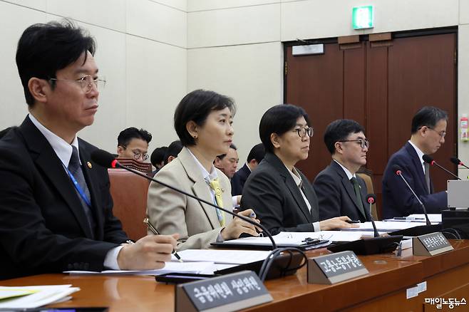 ▲ 김영훈 고용노동부 장관과 정은경 보건복지부 장관 등이 18일 국회 연금개혁특별위원회 전체회의에 참석해 업무보고를 준비하고 있다. <정기훈 기자>