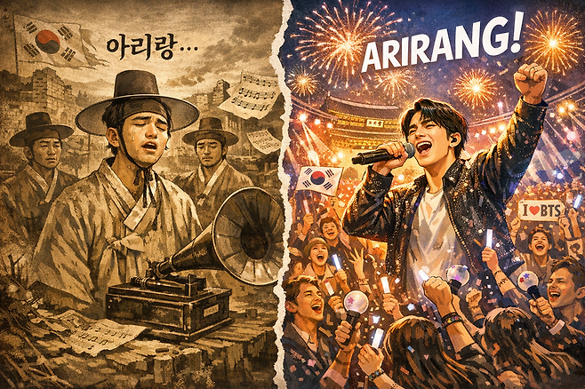 1896년 유성기에 담긴 아리랑은 식민 위기 속 조선 청년의 그리움과 불안의 노래였다. 2026년 BTS의 'ARIRANG'은 그 한을 세계 190개국이 함께 즐기는 콘텐츠로 전환한 한국 정서의 진화다. /챗GPT 제작 이미지