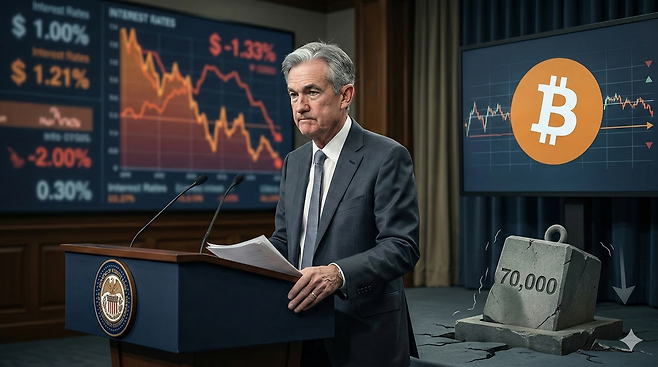 제롬 파월 미 연준 의장의 발언에 금리 인하 신중론이 확산되는 가운데, 고금리 장기화에 대한 우려가 비트코인 등 가상자산 시장을 압박하며 가격 하락을 이끌고 있다. 출처=제미나이 생성