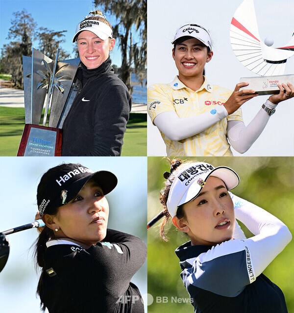 2026년 미국여자프로골프(LPGA) 투어 포티넷 파운더스컵에 출전하는 넬리 코다(미국), 지노 티띠꾼(태국), 리디아 고(뉴질랜드), 디펜딩 챔피언 노예림(미국). 사진제공=ⓒAFPBBNews = News1 (사진을 무단으로 사용하지 마십시오.)