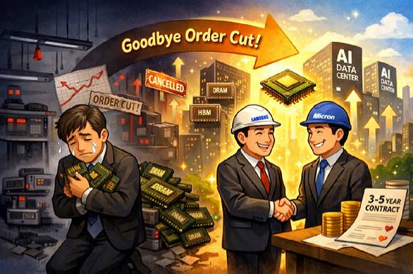 과거 '오더컷'에 눈물짓던 메모리 기업들이 장기계약으로 웃음짓는 장면. [사진=챗GPT]