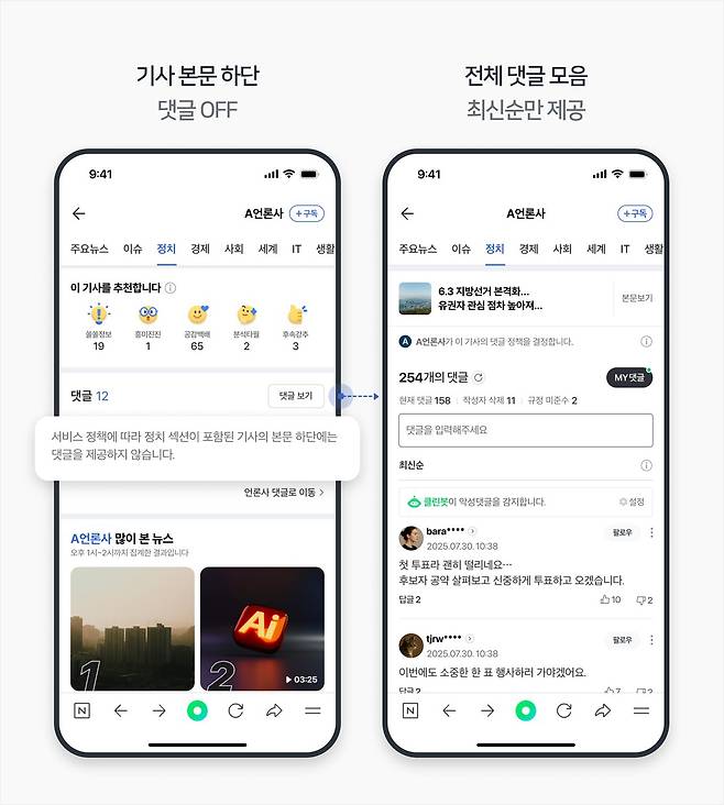 19일부터 적용되는 선거, 정치 기사 댓글창. 사진 네이버