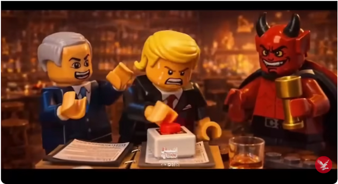 이란 이슬람혁명수비대 산하 제작팀이 AI로 만든 선전물. 트럼프 대통령과 네타냐후 총리 등이 레고 캐릭터로 형상화돼있다. <출처=인디펜던트 유튜브>