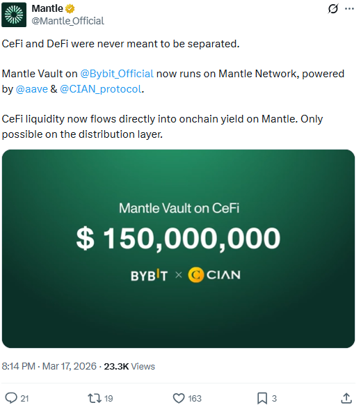 맨틀은 공식 소셜미디어를 통해 바이비트의 ‘맨틀 볼트’가 맨틀 체인으로 확장되었으며, 누적 운용자산(AUM)이 1억5000만달러를 돌파했다고 밝혔다. [출처 = 맨틀 공식 X]