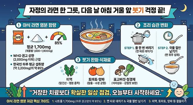 자정의 유혹, 야식 라면 '나트륨 줄이기'. 제미나이 생성 그래픽