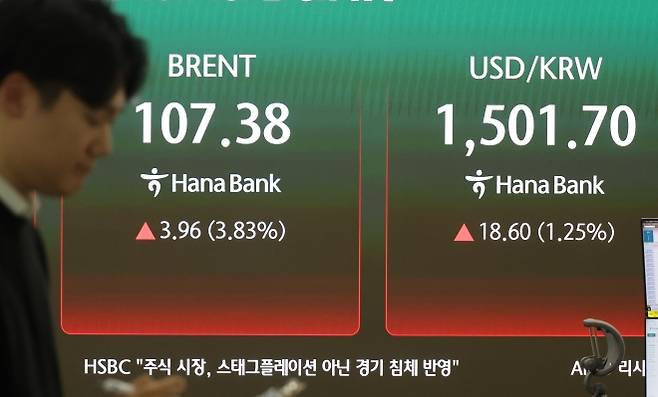 중동전쟁에 유가급등…원/달러 환율 1,500원대 넘어 - 이란 전쟁 격화에 유가 급등, 달러 강세가 지속되는 가운데 19일 서울 중구 하나은행 딜링룸 현황판에 금융위기 이후 최고 수준으로 치솟은 원/달러 환율과 국제 유가 기준인 브렌트유가 표시되고 있다. 연합뉴스