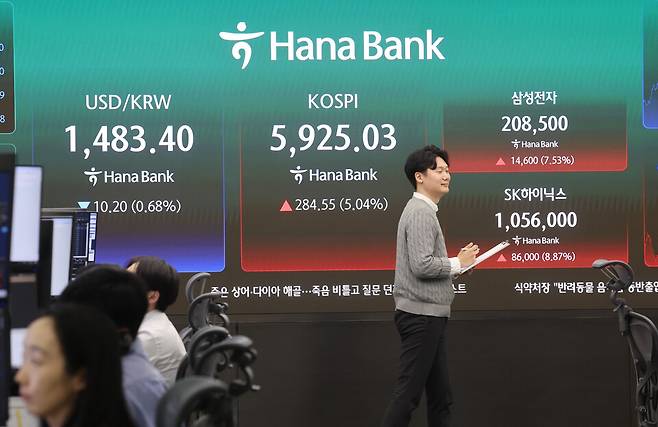 지난 18일 서울 중구 하나은행 딜링룸에서 직원들이 업무를 보고 있다. ©연합뉴스