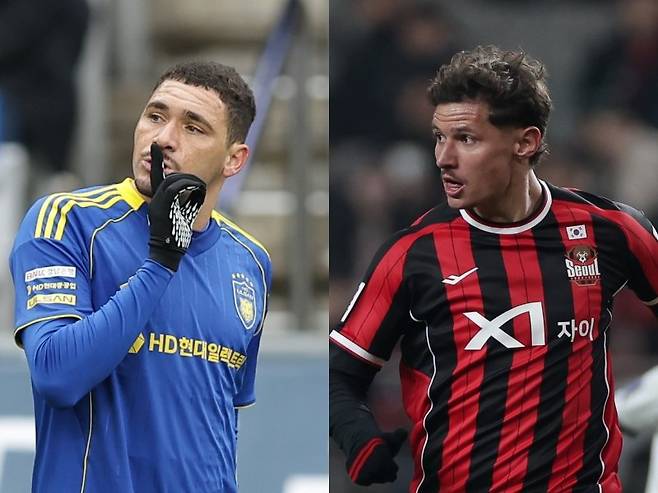 울산 야고(왼쪽)와 서울 클리말라는 시즌 초반 주전 원톱으로 활약하며 팀의 상승세를 이끌고 있다. 사진제공｜한국프로축구연맹