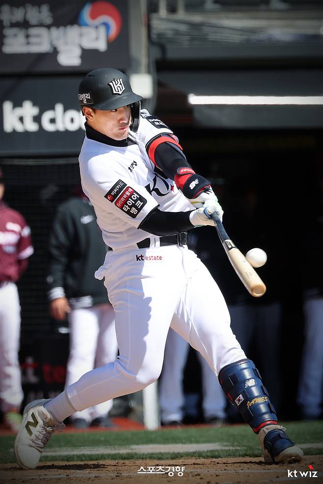 KT 안현민이 19일 수원 KT위즈파크에서 열린 키움과의 시범경기 첫 타석에서 홈런을 날리고 있다. KT위즈 제공