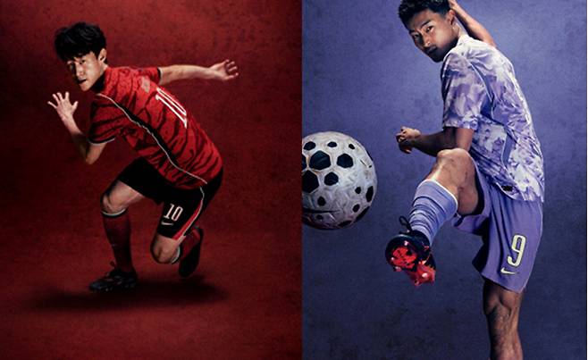 대한민국 축구 국가대표팀이 2026 북중미 월드컵에서 입을 ‘백호’ 콘셉트 유니폼이 공개됐다. 홈 유니폼을 입은 이재성(왼쪽)과 원정 유니폼을 입은 조규성. 나이키 제공