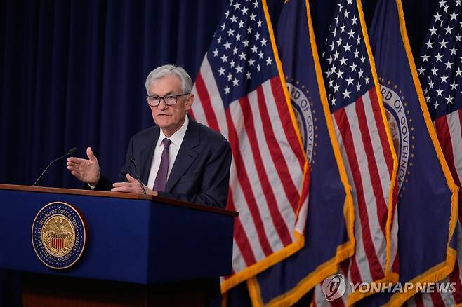 3월18일(현지시간) 기자회견 갖는 제롬 파월 연준 의장 [AP 연합뉴스 자료사진. 재판매 및 DB 금지]