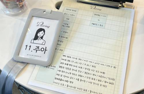 ◇소개팅이 시작되기 전 참가자들은 상대방에게 직업·나이·취미 등의 정보를 제공하는 ‘프로필 카드’를 작성한다. 이 카드를 힌트 삼아 대화를 이어가면 된다. 사진=고은 기자