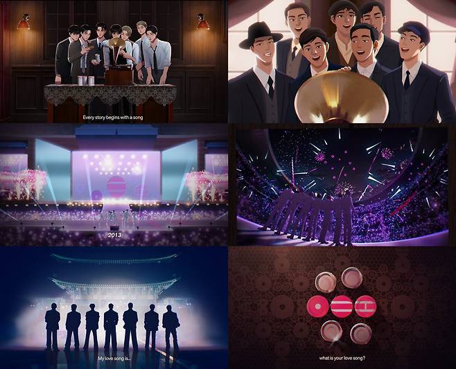 ‘아리랑’을 소개하는 애니메이션 속 BTS. 하이브 레이블스 및 방탄TV 유튜브 화면 캡처