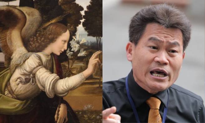 레오나르도 다빈치의 ‘수태고지’에 묘사된 천사 가브리엘(왼쪽)과 극우 성향 전직 한국사 강사 전한길(오른쪽)씨. 연합뉴스