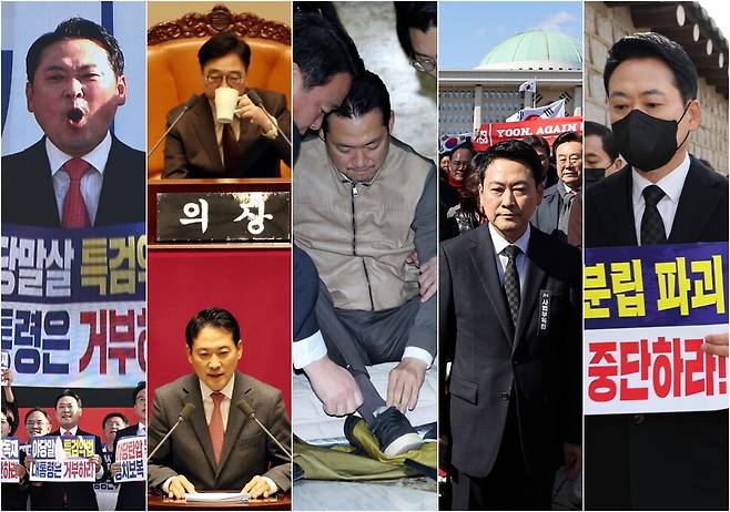 장동혁 국민의힘 대표가 주도한 주요 대여투쟁. 왼쪽 사진부터 2025년 9월21일 대구역 집회, 2025년 12월23일 국회 본회의 24시간 필리버스터, 지난 1월22일 8일째 이어가던 단식 중단, 지난 3월3일 국민대장정 도보 행진, 지난 3월5일 청와대 앞 의원총회. 윤운식 김영원 류우종 기자