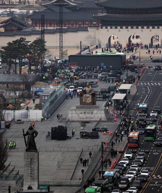 Gwanghwamun Square on March 16 in central Seoul is being prepped up for BTS's performance scheduled for March 21. [YONHAP]