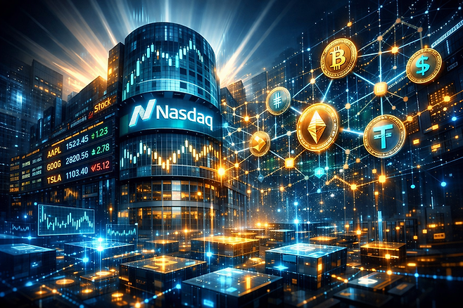 나스닥과 블록체인의 융합을 그린 미래 금융 이미지 < 생성 : 챗GPT >