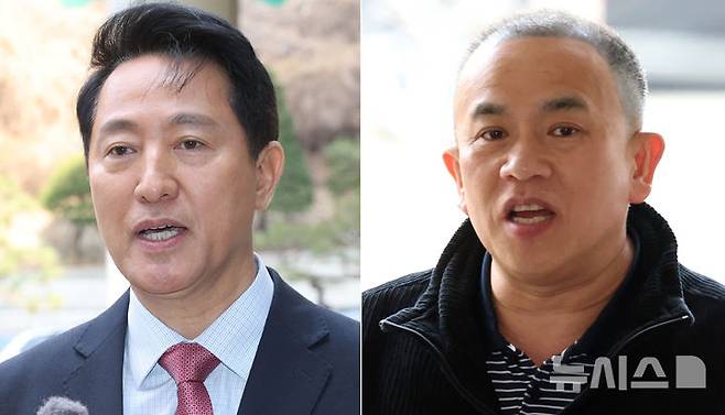 [서울=뉴시스] 김혜진 기자 = 오세훈 서울시장(왼쪽)의 정치자금법 위반 재판의 핵심 인물인 정치 브로커 명태균씨(오른쪽)가 증인으로 출석하며 20일 두 사람의 첫 법정 대면이 성사됐다. (공동취재) 2026.03.20. photo@newsis.com