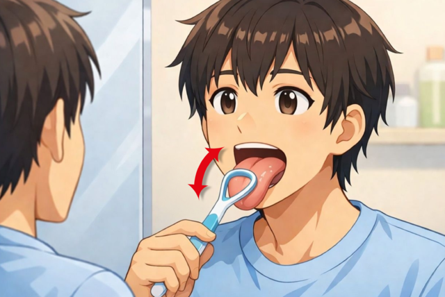 설태 제거기는 하루 2회, 혀 뒤에서 앞쪽으로 부드럽게 3~4회 사용해야 한다. 기사의 내용을 바탕으로 생성한 이미지. 챗GPT·그록