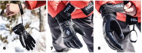 6 손목 고리가 있어 운행 중 잠시 장갑을 벗을 때 편리하다.7, 8 착 감기는 손목 스트랩은 지지해 주는 힘이 좋으며 슬림하게 손목을 감싸주어 외투 소매 안으로 장갑 목을 넣기 좋다.