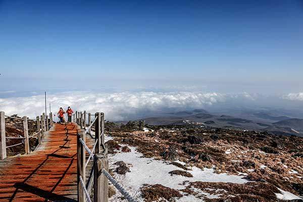 관음사 코스로 오르는 백록담 마지막 구간. 해발 1,900m 지점, 구름이 발 밑으로 깔렸다. 멀리 제주 바다가 내려다보인다.