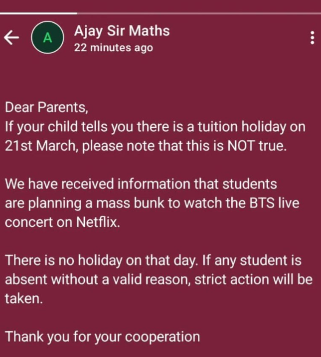 인도의 한 학원에서 올린 긴급 공지. 사회관계망서비스(SNS) 캡처