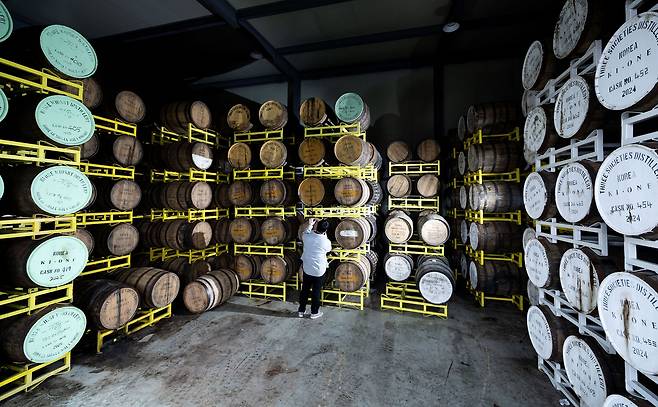 숙성 창고의 오크통 모습. 극한 연교차를 이용해 숙성하기 때문에 별도의 온도, 습도 조절은 하지 않는다. 현재 약 5000개의 오크통이 숙성중이다. 장진영 기자